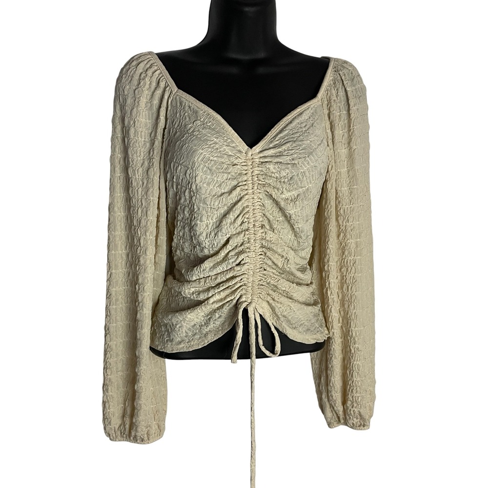 Willow Root Womens Ruched Blouse Size M Cream Smocked Long Sleeve Ren Faire